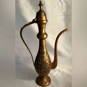Vintage Surahi Mughal Aftaba Brass Indian Oil/ Tea Pot Kashmiri Boho Decor